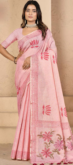 Pink and Majenta color Saree in Silk fabric with Printed work