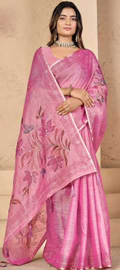 Pink and Majenta color Saree in Silk fabric with Printed work