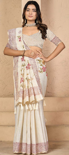 White and Off White color Saree in Silk fabric with Printed work