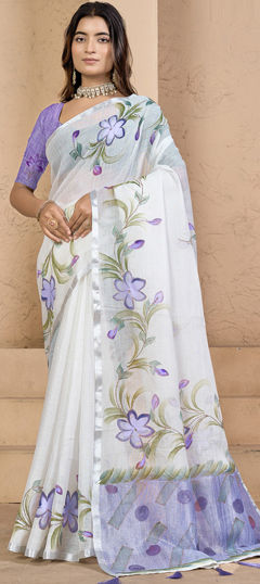 White and Off White color Saree in Silk fabric with Floral, Printed work