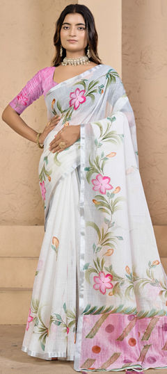 White and Off White color Saree in Silk fabric with Floral, Printed work