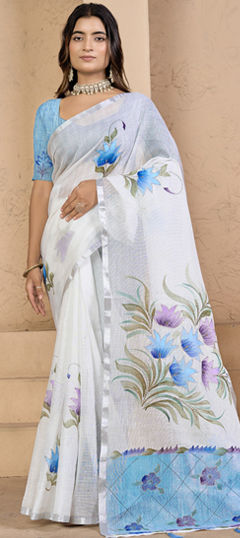 White and Off White color Saree in Silk fabric with Floral, Printed work