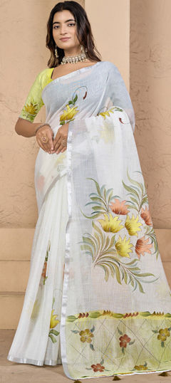 White and Off White color Saree in Silk fabric with Floral, Printed work