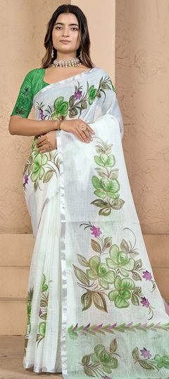 White and Off White color Saree in Silk fabric with Floral, Printed work