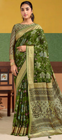 Green color Saree in Silk fabric with Floral, Printed, Weaving work