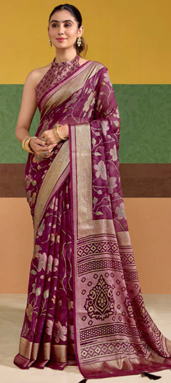 Pink and Majenta color Saree in Silk fabric with Floral, Printed, Weaving work