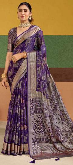 Purple and Violet color Saree in Silk fabric with Floral, Printed, Weaving work