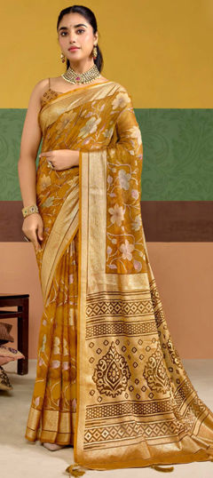 Yellow color Saree in Silk fabric with Floral, Printed, Weaving work