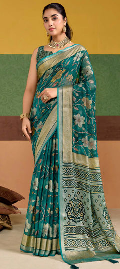 Green color Saree in Silk fabric with Floral, Printed, Weaving work