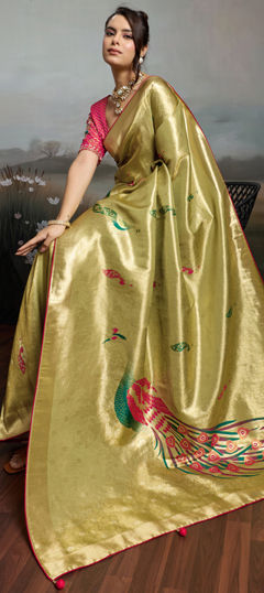 Yellow color Saree in Banarasi Silk fabric with Weaving work