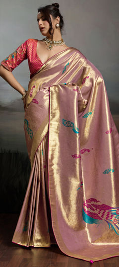 Beige and Brown color Saree in Banarasi Silk fabric with Weaving work