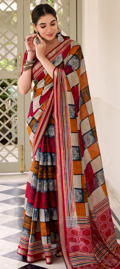 Red and Maroon color Saree in Viscose fabric with Printed, Weaving work