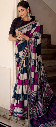 Blue color Saree in Viscose fabric with Printed, Weaving work
