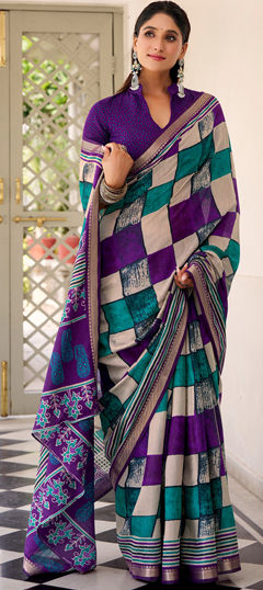 Purple and Violet color Saree in Viscose fabric with Printed, Weaving work