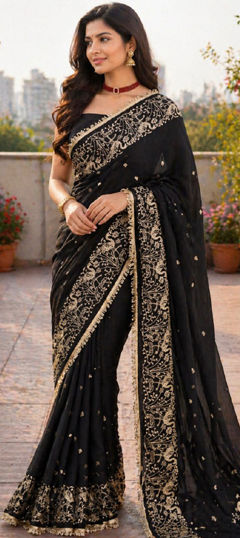 Black and Grey color Saree in Georgette fabric with Embroidered, Thread, Zari work