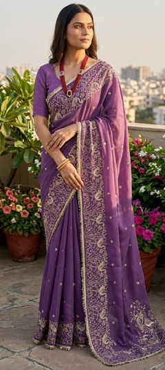 Purple and Violet color Saree in Georgette fabric with Embroidered, Thread, Zari work