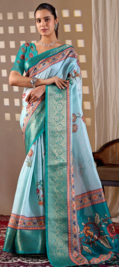 Blue color Saree in Silk fabric with Floral, Printed work