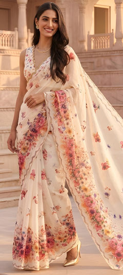 White and Off White color Saree in Cotton fabric with Floral, Printed work