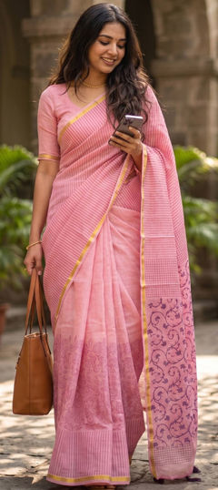 Pink and Majenta color Saree in Cotton fabric with Printed work