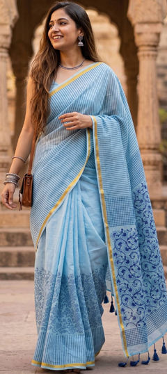 Blue color Saree in Cotton fabric with Printed work
