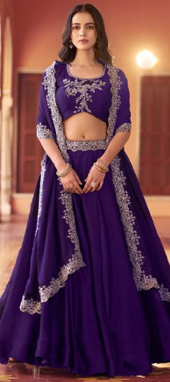 Purple and Violet color Lehenga in Silk fabric with Bugle Beads, Embroidered, Sequence, Thread work