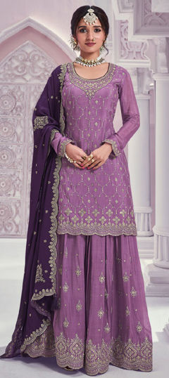 Purple and Violet color Salwar Kameez in Chinon Silk fabric with Embroidered, Sequence work