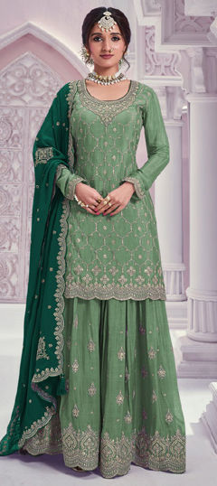 Green color Salwar Kameez in Chinon Silk fabric with Embroidered, Sequence work