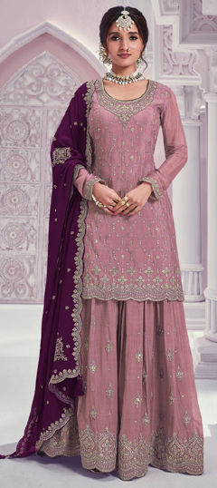 Pink and Majenta color Salwar Kameez in Chinon Silk fabric with Embroidered, Sequence work