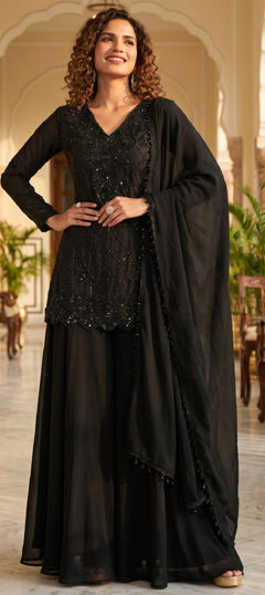 Black and Grey color Salwar Kameez in Chinon Silk fabric with Bugle Beads work