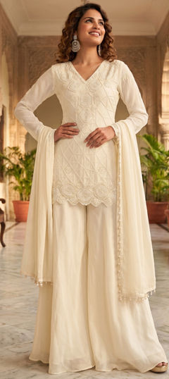 White and Off White color Salwar Kameez in Chinon Silk fabric with Bugle Beads work