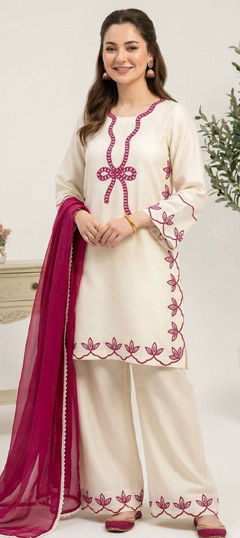 Pink and Majenta, White and Off White color Salwar Kameez in Rayon fabric with Embroidered work