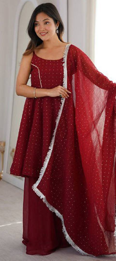 Red and Maroon color Salwar Kameez in Crushed Silk fabric with Zircon work
