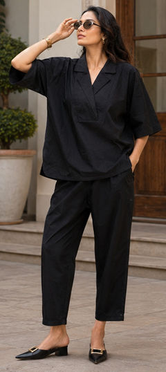Black and Grey color Co-ords Set in Cotton fabric with Thread work