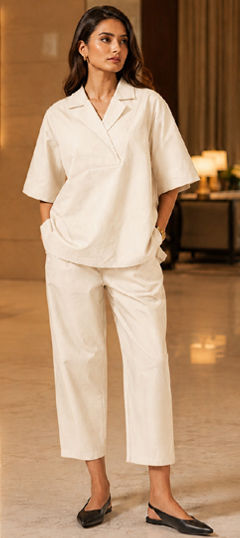 White and Off White color Co-ords Set in Cotton fabric with Thread work