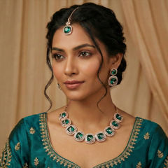 Gold Rodium Polish Green color Necklace in Metal Alloy studded with Austrian diamond