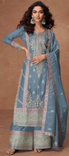 Blue color Salwar Kameez in Shimmer fabric with Embroidered, Sequence work
