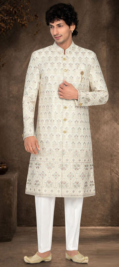 White and Off White color Sherwani in Silk fabric with Embroidered, Sequence, Thread work