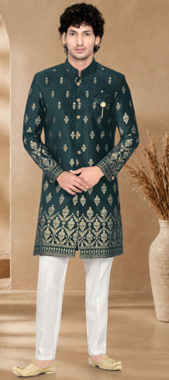 Green color IndoWestern Dress in Velvet fabric with Foil Print work