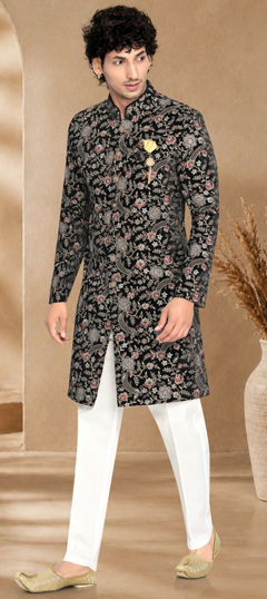 Black and Grey color IndoWestern Dress in Velvet fabric with Embroidered, Sequence, Thread work