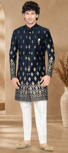 Blue color IndoWestern Dress in Velvet fabric with Foil Print work