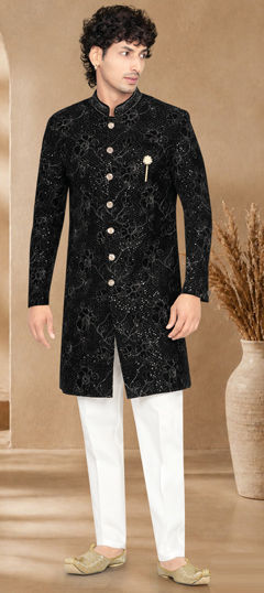 Black and Grey color IndoWestern Dress in Velvet fabric with Embroidered, Sequence, Thread work