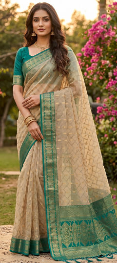 Beige and Brown color Saree in Cotton fabric with Weaving work