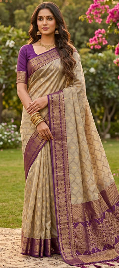 Beige and Brown color Saree in Cotton fabric with Weaving work