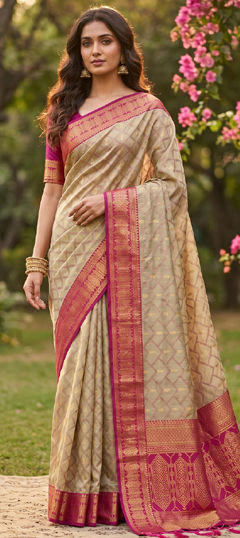 Beige and Brown color Saree in Cotton fabric with Weaving work