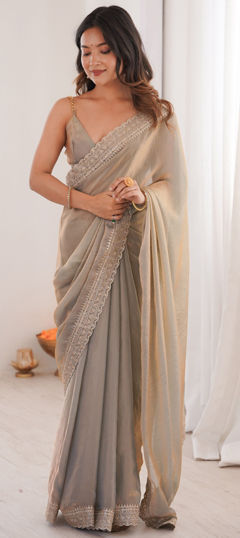 Black and Grey color Saree in Tissue fabric with Embroidered work