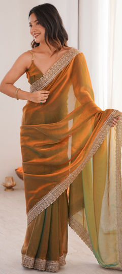 Orange color Saree in Tissue fabric with Embroidered work