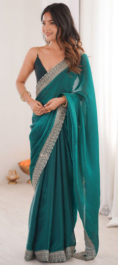 Green color Saree in Tissue fabric with Embroidered work