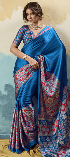 Blue color Saree in Satin Silk fabric with Printed work