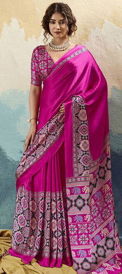 Pink and Majenta color Saree in Satin Silk fabric with Printed work