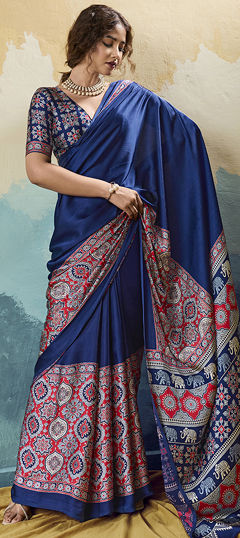 Blue color Saree in Satin Silk fabric with Printed work